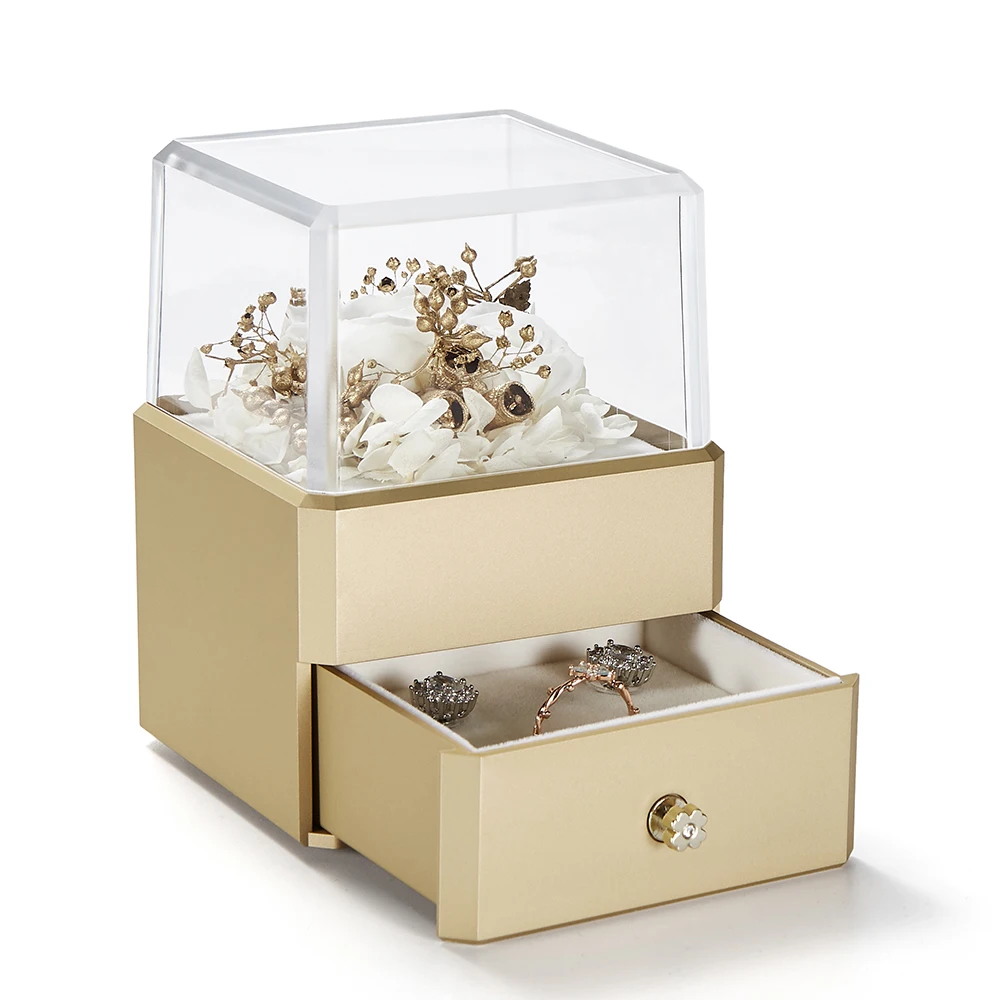 
Cheap paint plastic real flower rechargeable led decorated top jewelery box luxury earring stud ring set packaging storage box 