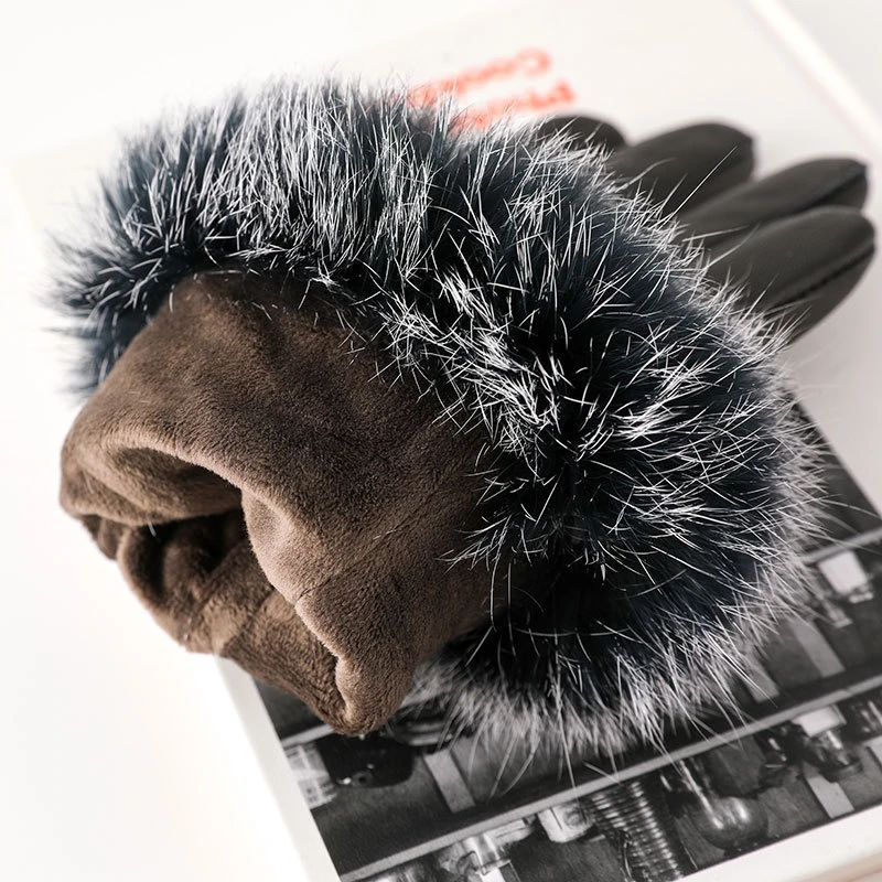 ZDFURS*Genuine Leather Glove Women Warm Fashion Winter Ladies Hand Warmer Gloves With Natural Rabbit Fur Trims