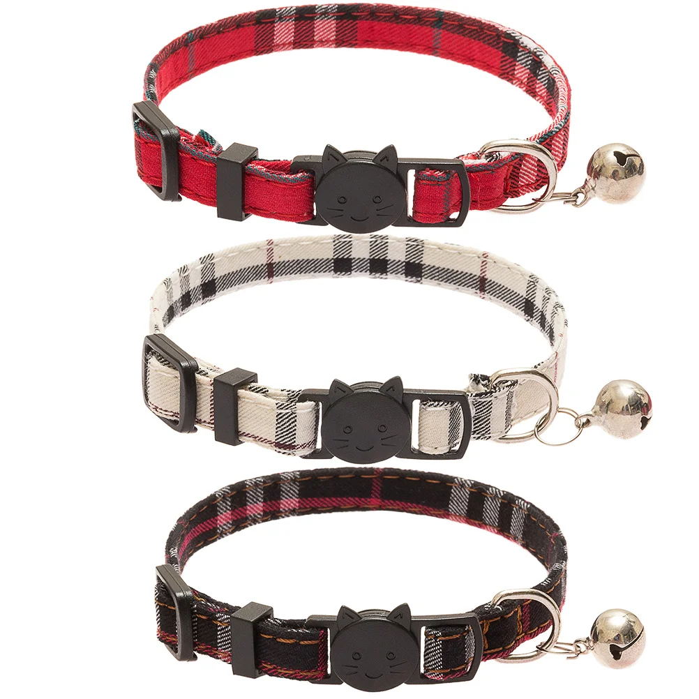 Classical Plaid Red Collars Black Pet Dog Break Away Safety Cat Collar Small Size Reflective with Bell