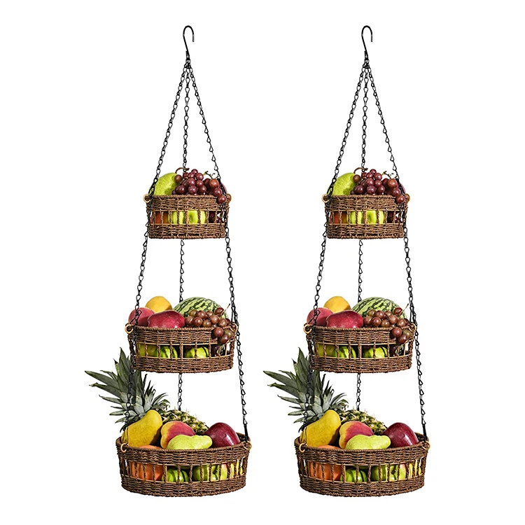 Kingwillow домашний сад забор тканый завод цветок на стену из бумажной ленты тканые 3 яруса кружевных подвесная корзина для фруктов с одной главной балкой с крючком