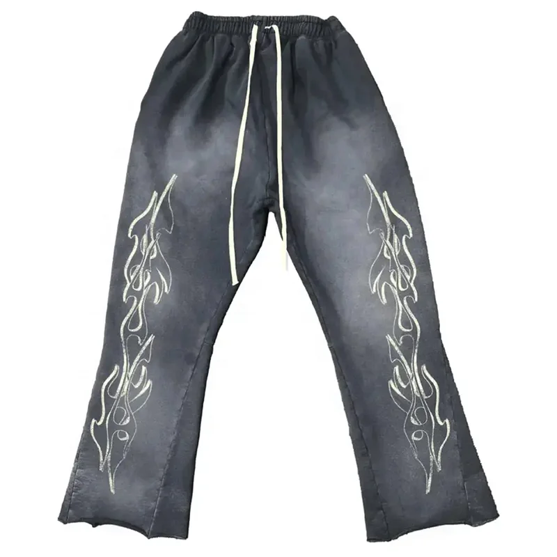 Acid Washed Sweat Suits Custom 100% Cotton Terry Oversized Tracksuit  Men Flare Sweatpants And Hoodie Set