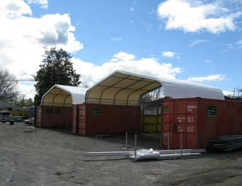 
Container roofing shelter, storage building with trim 