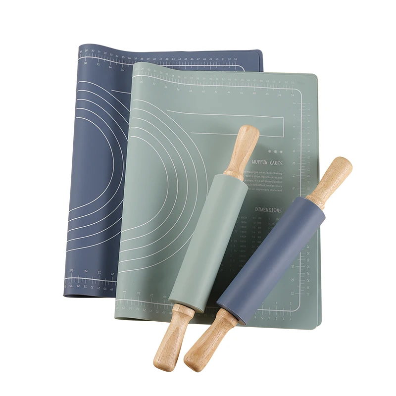 Baking tools  Non-stick Silicone Dough Rolling Mat Silicone Pastry Mat with wooden Rolling pin