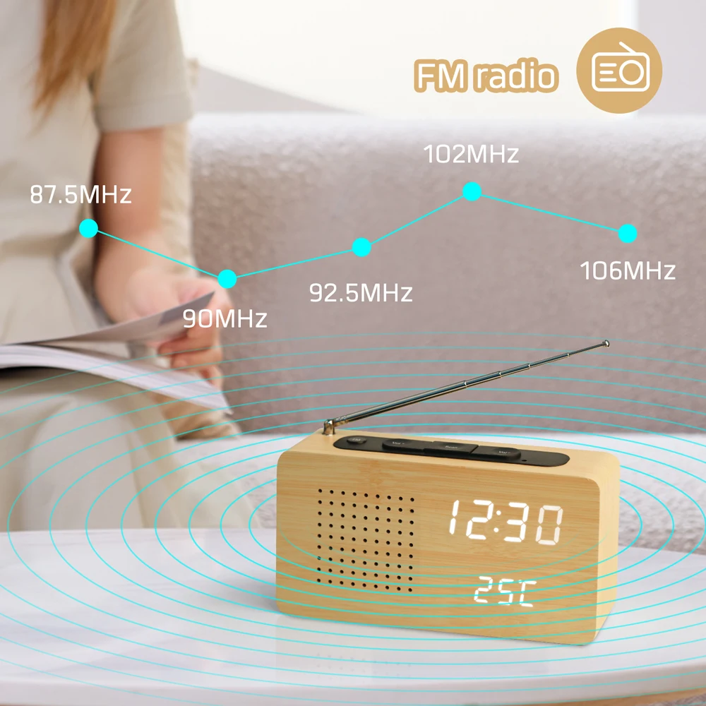 Evertop ET525 Classic Model Wood FM Radio 3 Alarms Temperature Multifunction Digital Table LED clock