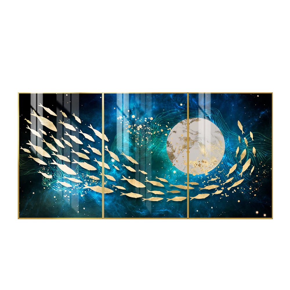 Bright 3p art surrounded fish creativity custom size design wall crystal porcelain painting for Kitchen  Office