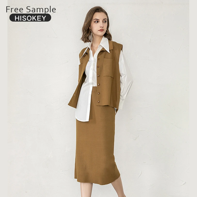 Осень-зима, вязаный жилет HISOKEY, юбка, женский жилет, Свободный жилет в студенческом стиле, трусики, юбка, пальто, женский костюм