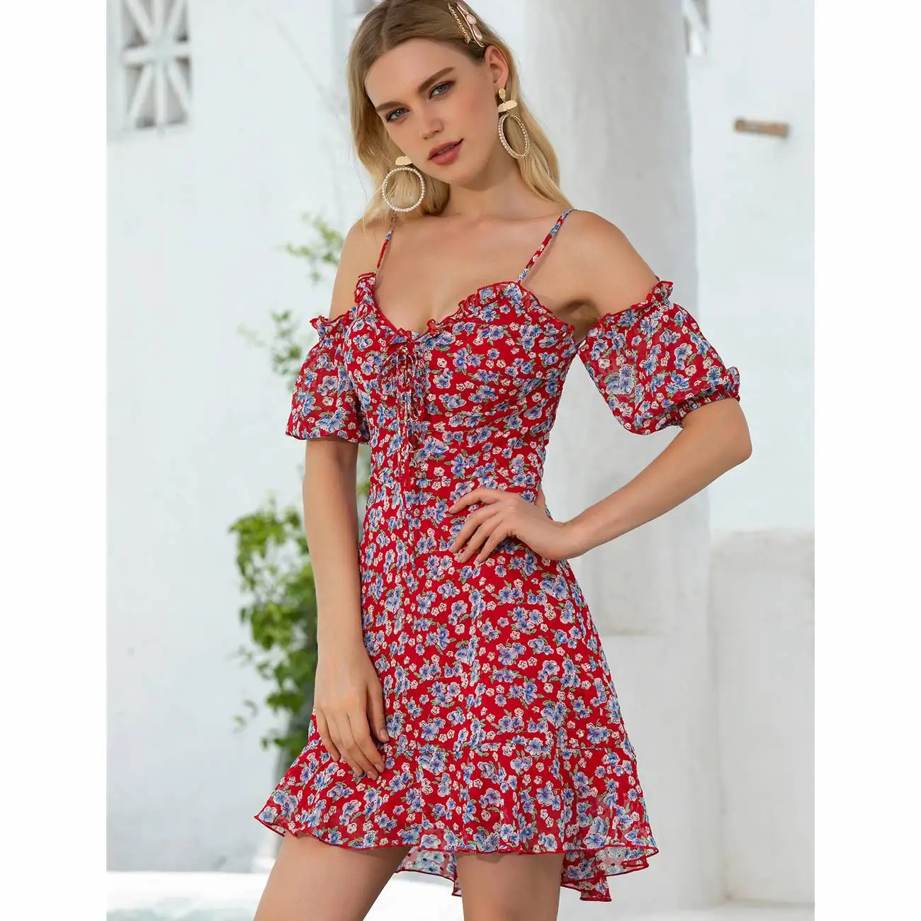 
Shein stock Womens Cold Shoulder Ruffle Hem Floral Print Cute formal Dress 