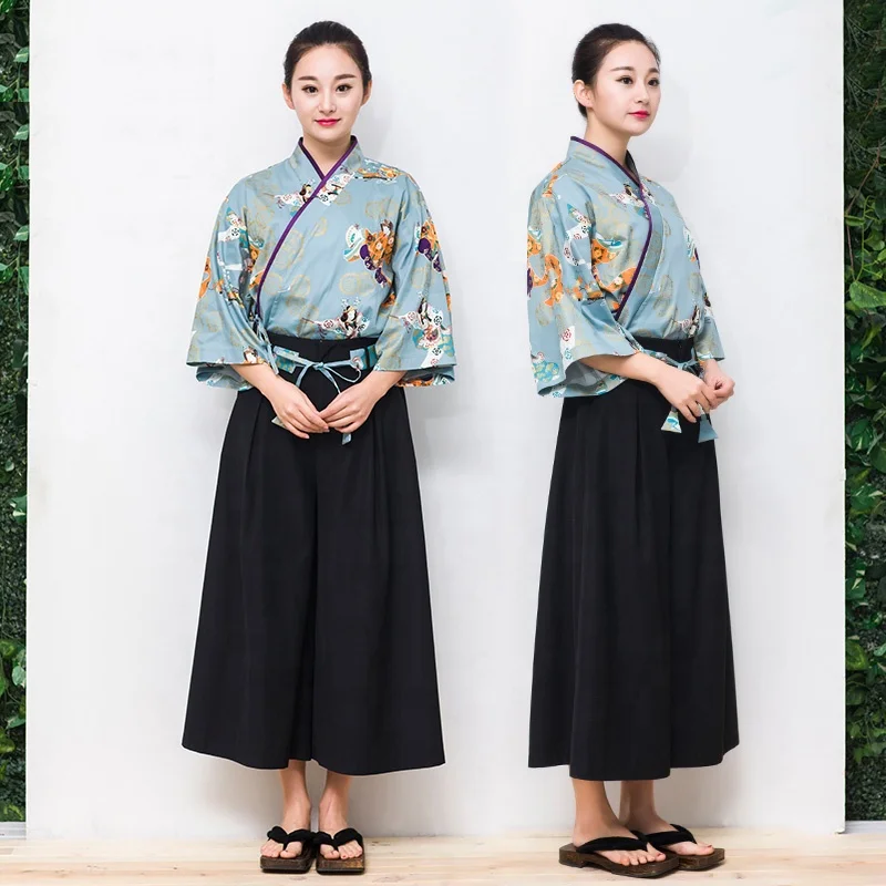
Japanese Style Vintage Clothes Kimono Style Half Sleeve Uniform Sushi Restaurant Izakaya Waitress Workwear 100%cotton 