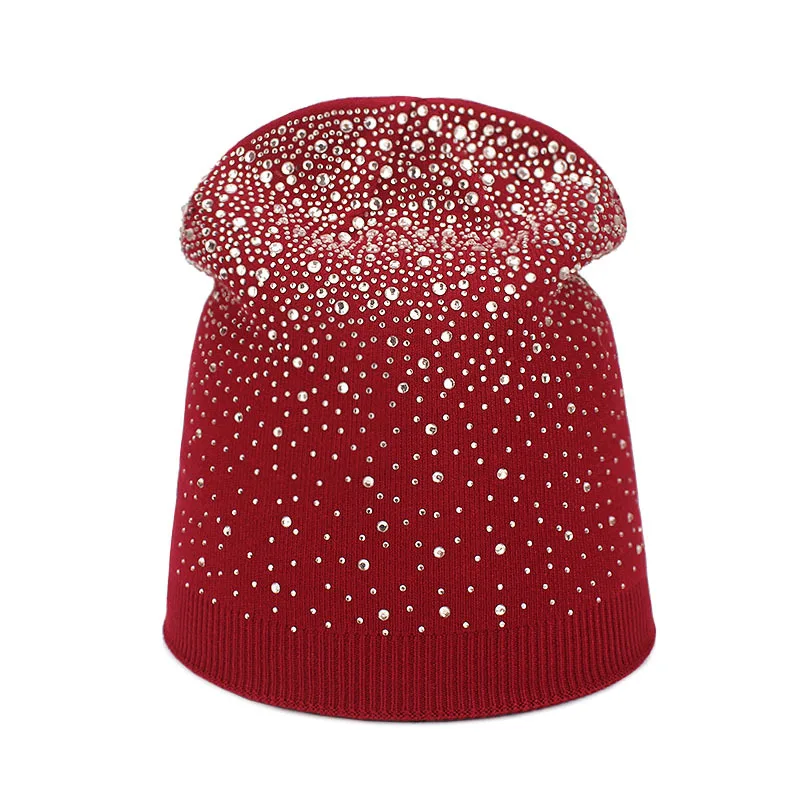 Winter Warm Women Bling Bling Diamond Rhinestone Beanies For Ladies Bonnet cotton Beanies Hat Rhinestones Skullies Knitted hats
