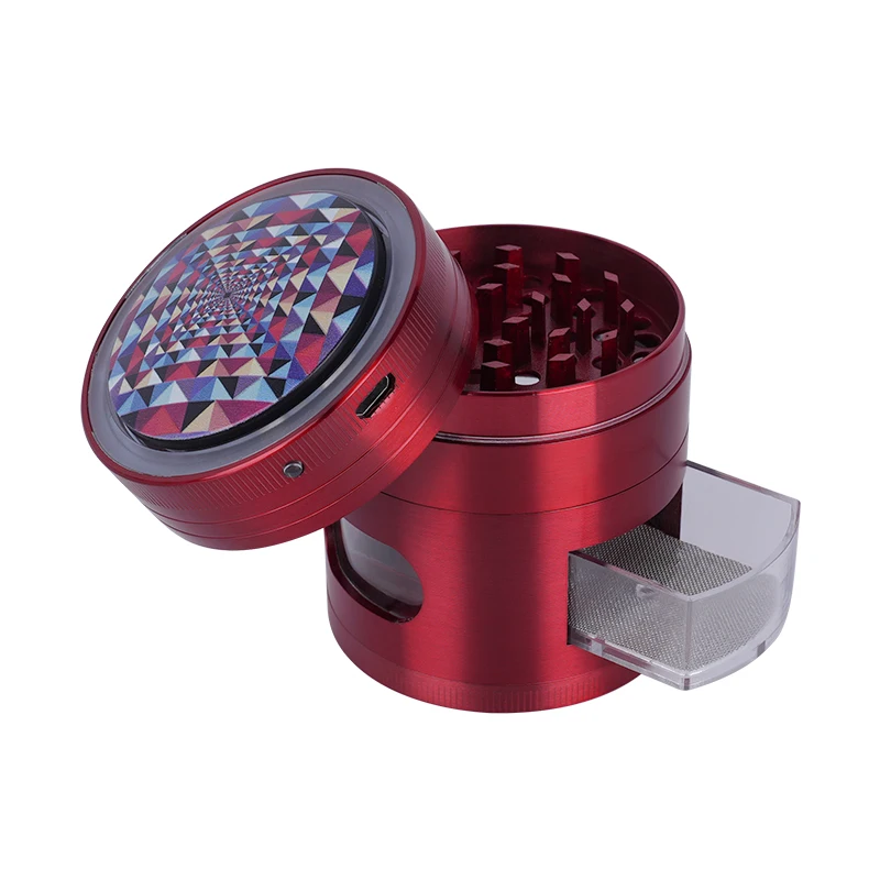 Gunter Hot Sale Zinc Alloy  Tobacco Grinder Press Type 4 Layers Cigarette Herb Grinder With LED