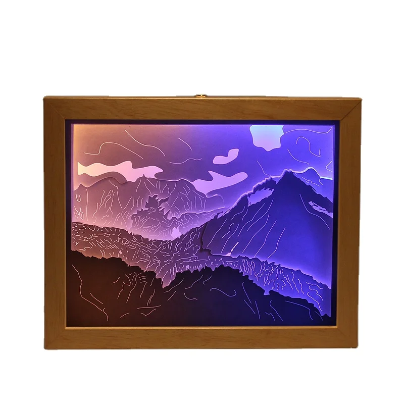 Bulk Cheap Wholesale Snow Mountain Paper Carving Lamp 3D Wooden Shadow Box Picture Frame with Custom Size and Color