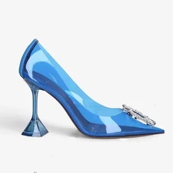 Star style Blue Soft PVC Quality Women Sandals Fashion Crystal Heeled Slingbacks Summer Shoes High heels Wedding Bride Shoes