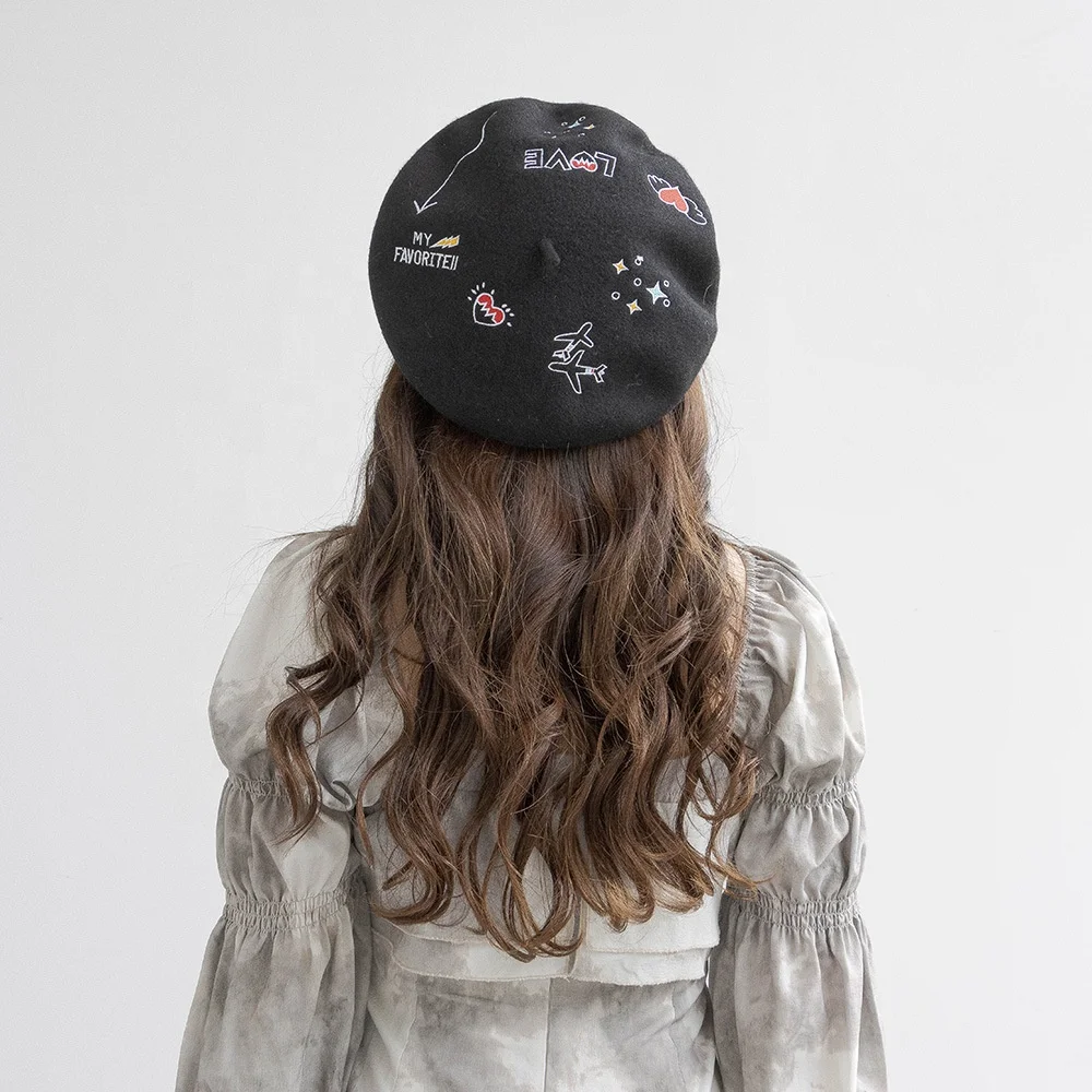 WD-A956  Winter Autumn Ladies Embroidered Carton Pattern Winter Wool Girls Beret Hat 2024