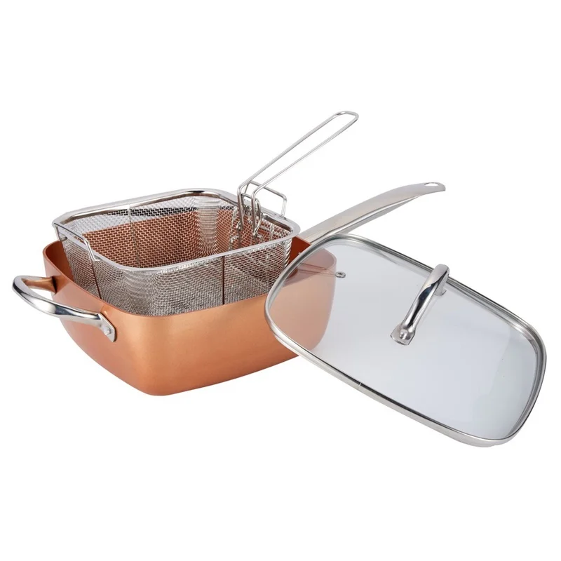 Deep 9.5 Inch Copper Multi-use Square Fry Pan with Ceramic Coating Cookware Sets
