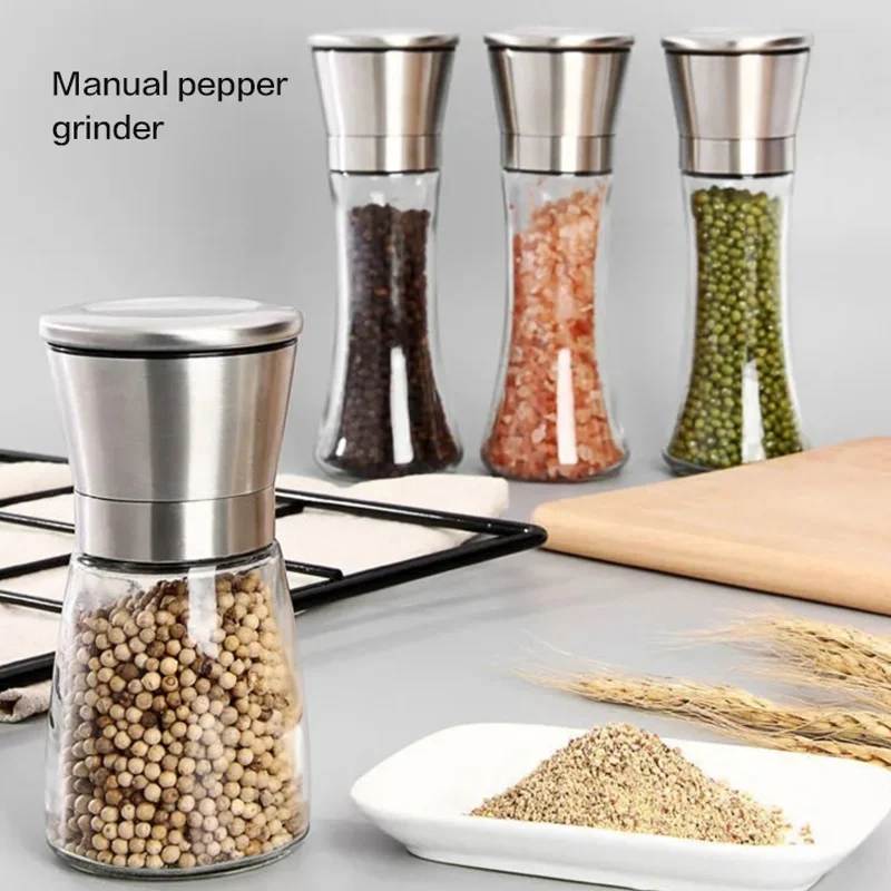 Manual pepper grinder with Ceramic Blades and Adjustable Coarseness Best Spice Mill with Stainless Steel Cap 6oz glass body