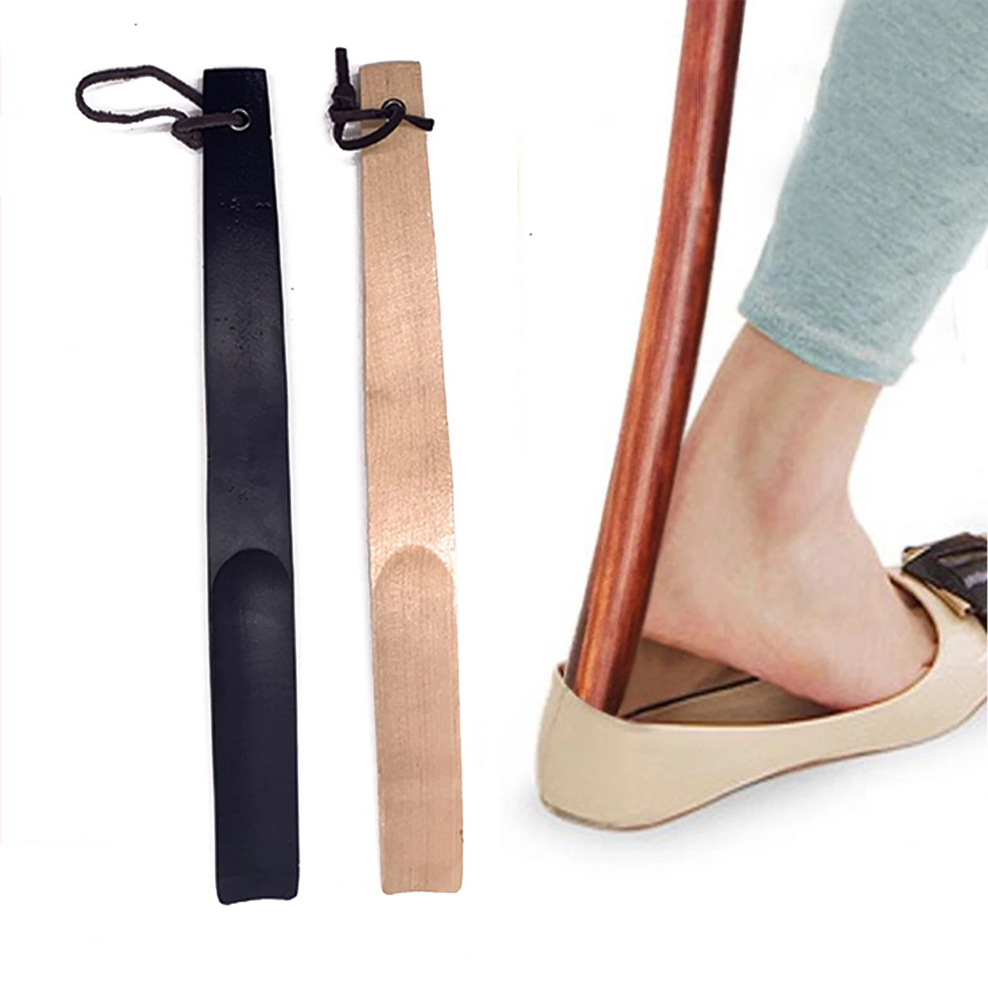 Factory Wholesale Hotel Customized 38CM Shoehorn shoe horn with logo Environmentally friendly wood long handled shoe horn