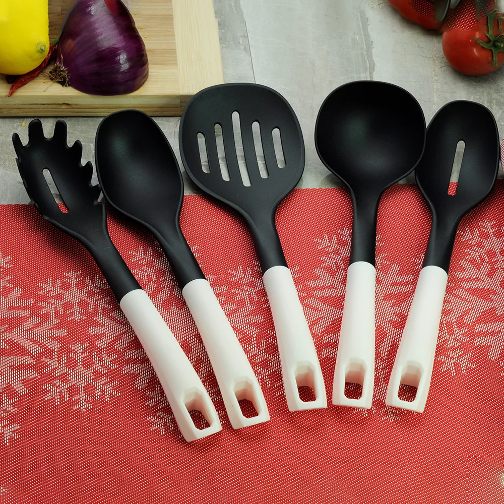 
Simple Design Easy to Clean Kitchen Accessories Durable Nylon 5pcs Kitchenware Set, Cooking Utensil Set with White PP handle 
