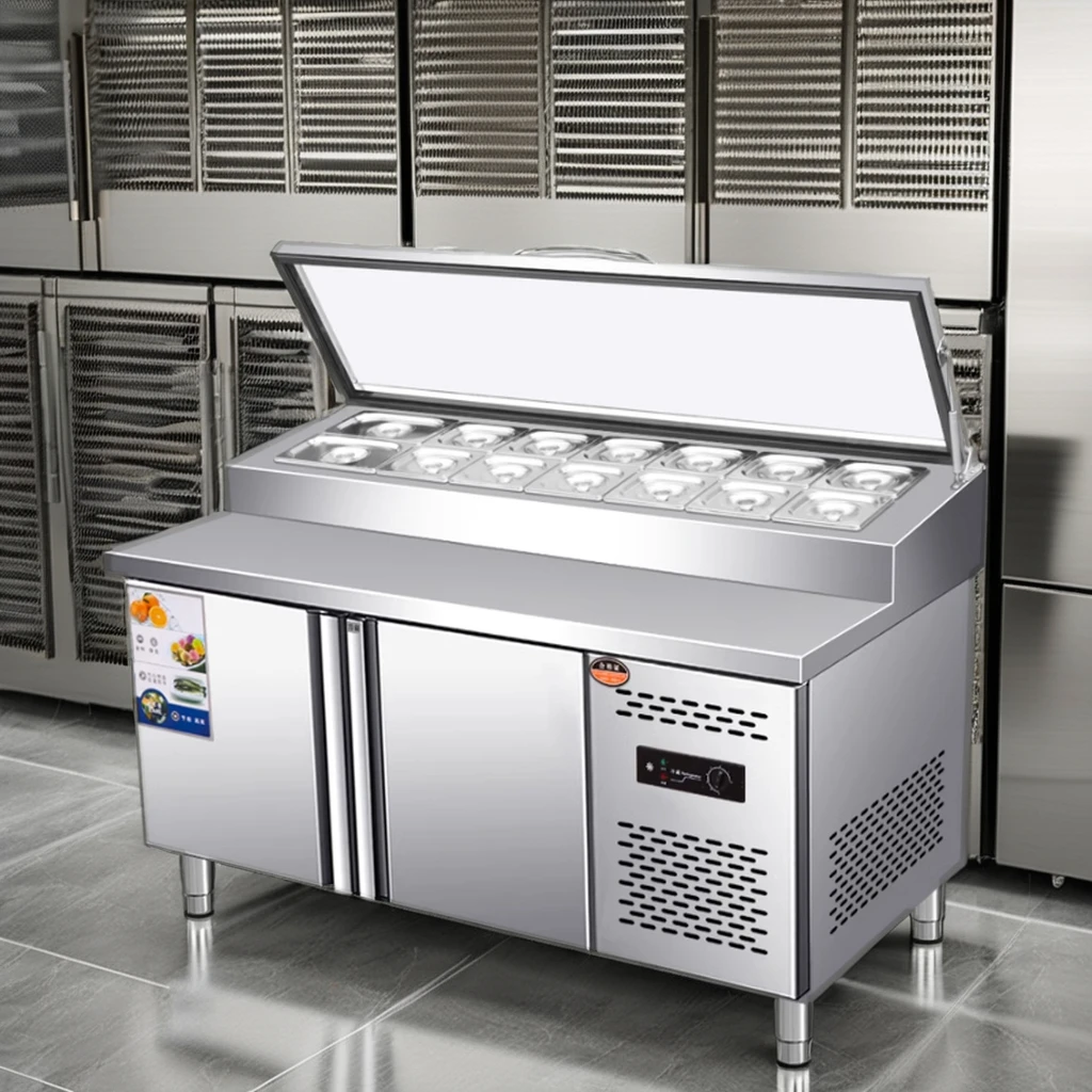 Commercial 220V ROHS Display Cooler Fresh Salad Table Refrigerator with Fruit Scoop Workbench Freezer Slotting for Supermarkets