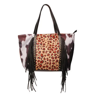 women leopard print crossbody shoulder bag stylish rivet tassel fringed handbag