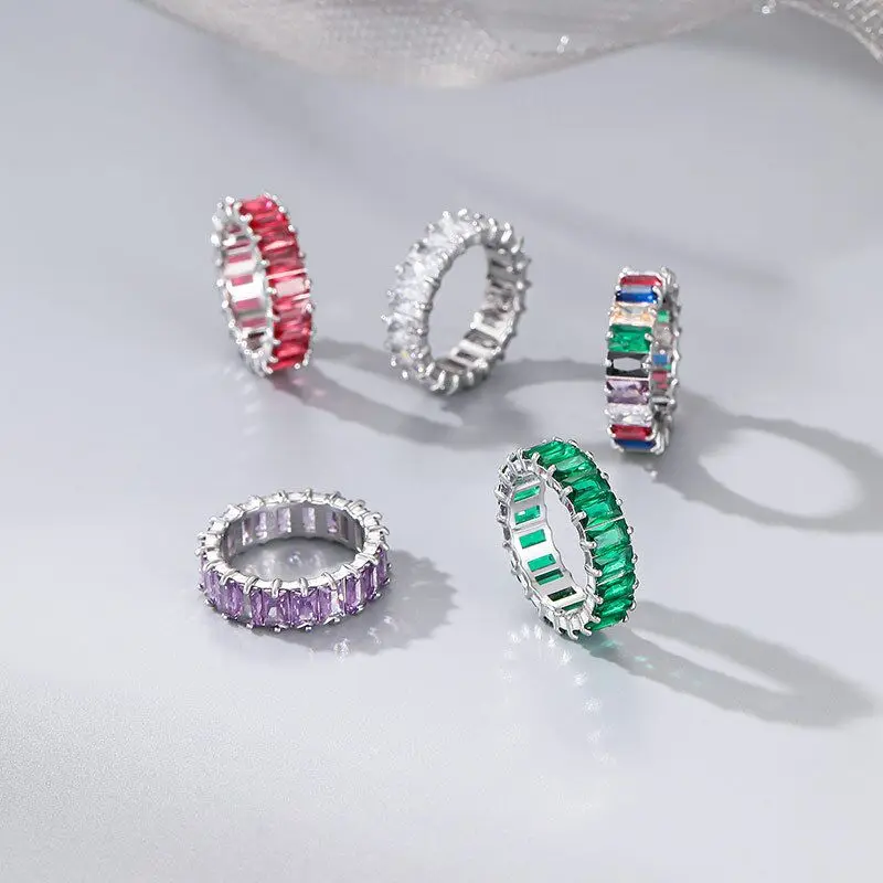 Wholesale Fashion High Quality CZ Pink Green Stone Baguette Jewelry 18K Gold Plated Stainless Steel Cubic Zirconia Zircon Ring