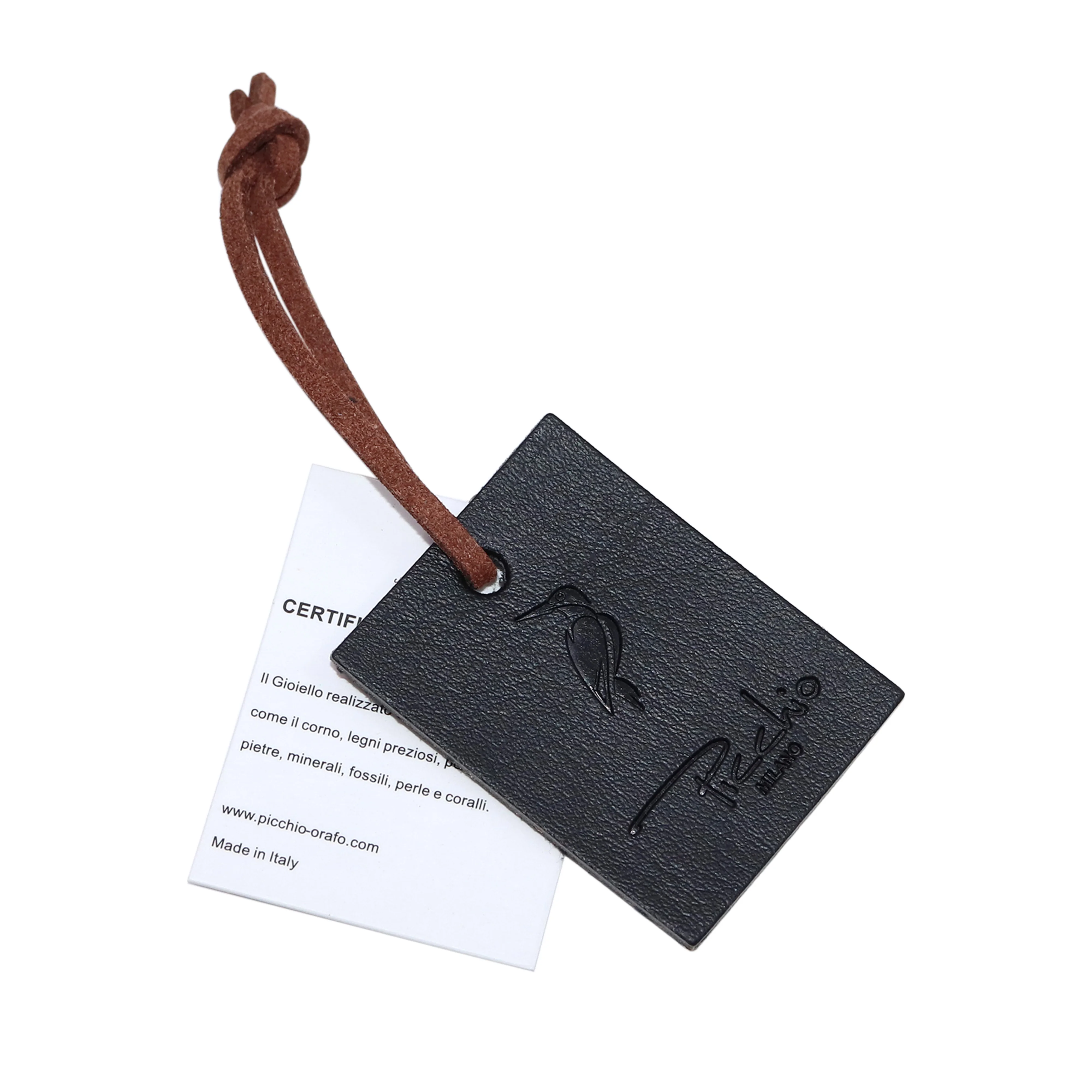 Top Quality Black Color Embossed Logo PU Leather Hang Tag With Ball Chain
