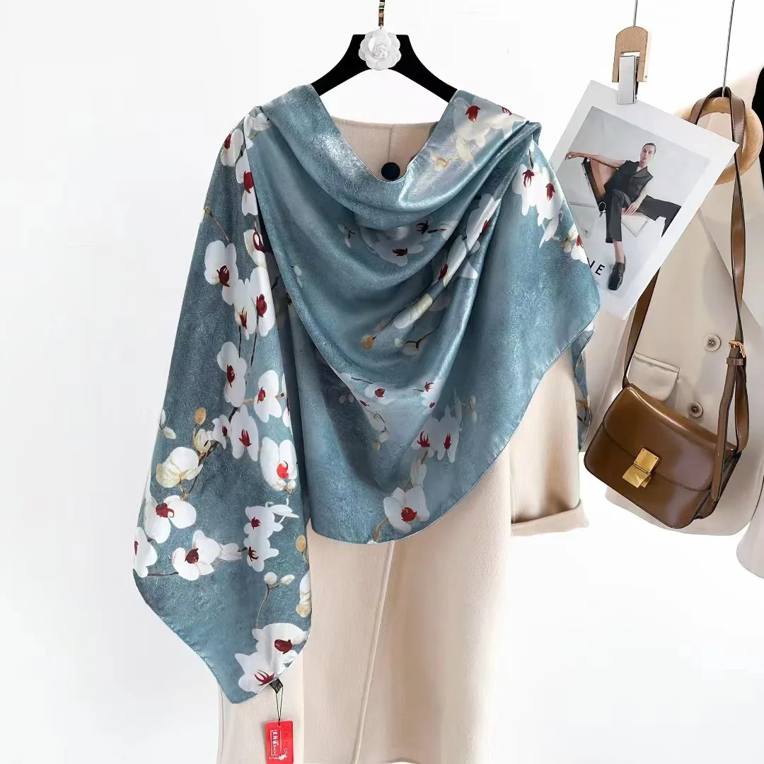 High Quality Blue Flower Printed Silk Scarf Shawl Ladies Fancy Lotus Oil Painting Pattern Scarves Wrap 180*90CM Muslim Hijabs