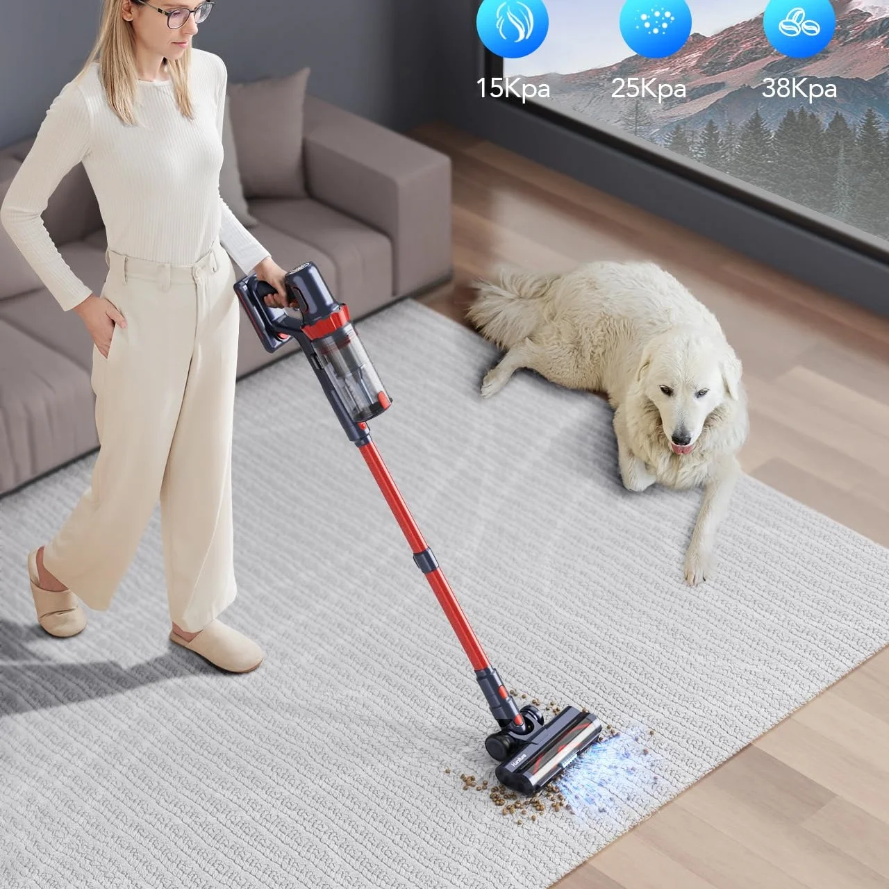 350W Cordless Stick rechargeable Vacuum Cleaner Lightweight Hepa Filtration LED Headlight Max 35Kpa for Carpet Floor Pet Hair