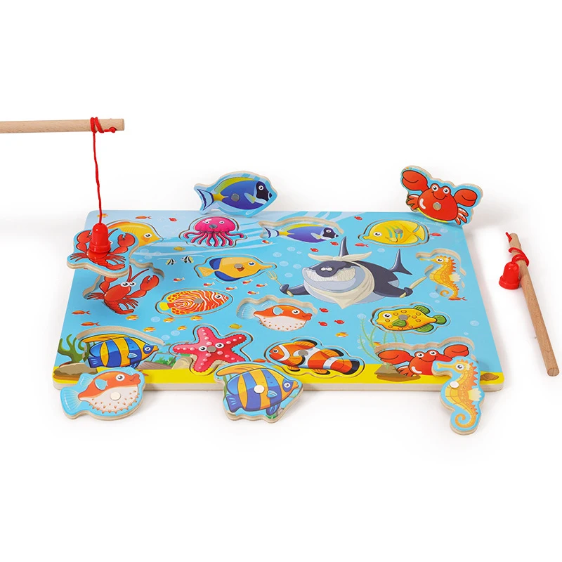 New Children Fun Fishing Toy Magnetic Kids Wooden Jigsaw Puzzle Board Play Baby Educational Toys Fish Games for Boys and Girls