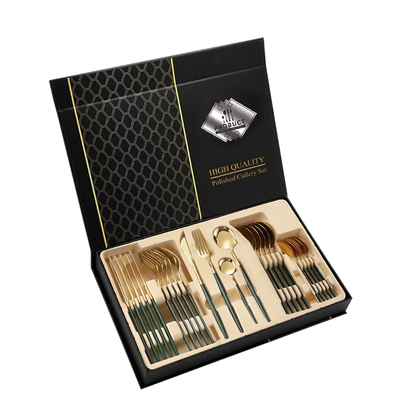 Factory Wholesale Luxury 24 pcs Portugal Knife Fork Dessert Spoon Teaspoon Set Stainless Steel Flatware Set with Gift Box