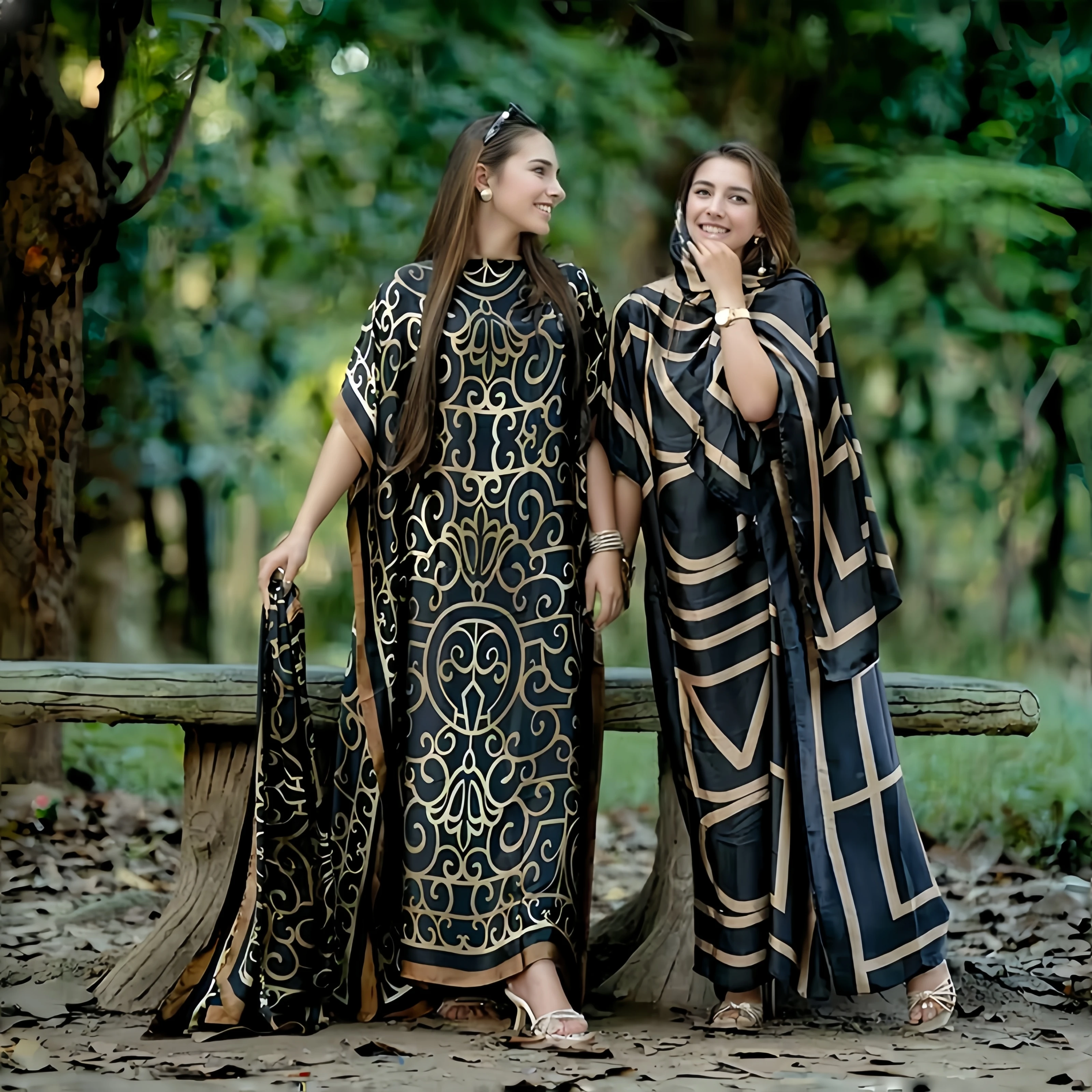 Wholesale luxury designer silk printed robes with headscarf ethnic style african loose women polyester silk muslim kaftans gowns