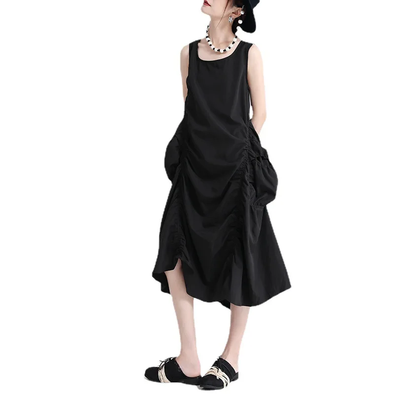 Модное платье без рукавов с дырками на спине для девочек 2021 Летняя короткая и длинная Асимметричная плиссированная длинная юбка 2089