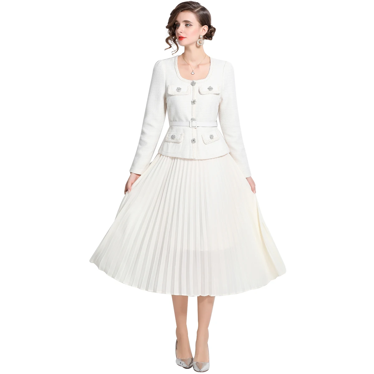 Droma in stock high end fashion slimming patchwork swing pleated dresses women casual elegant long white dress