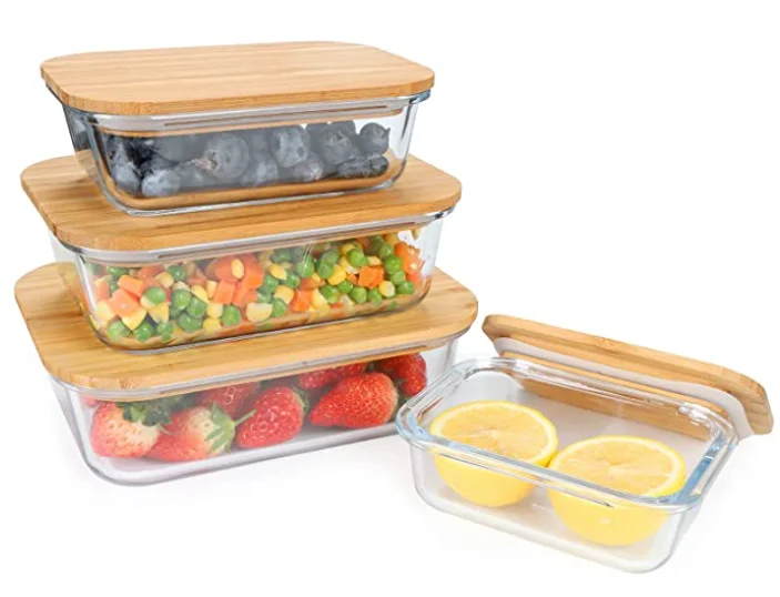 Kitchen Rectangle glass meal prep food storage container set lunch box lunchbox with bamboo wooden lid