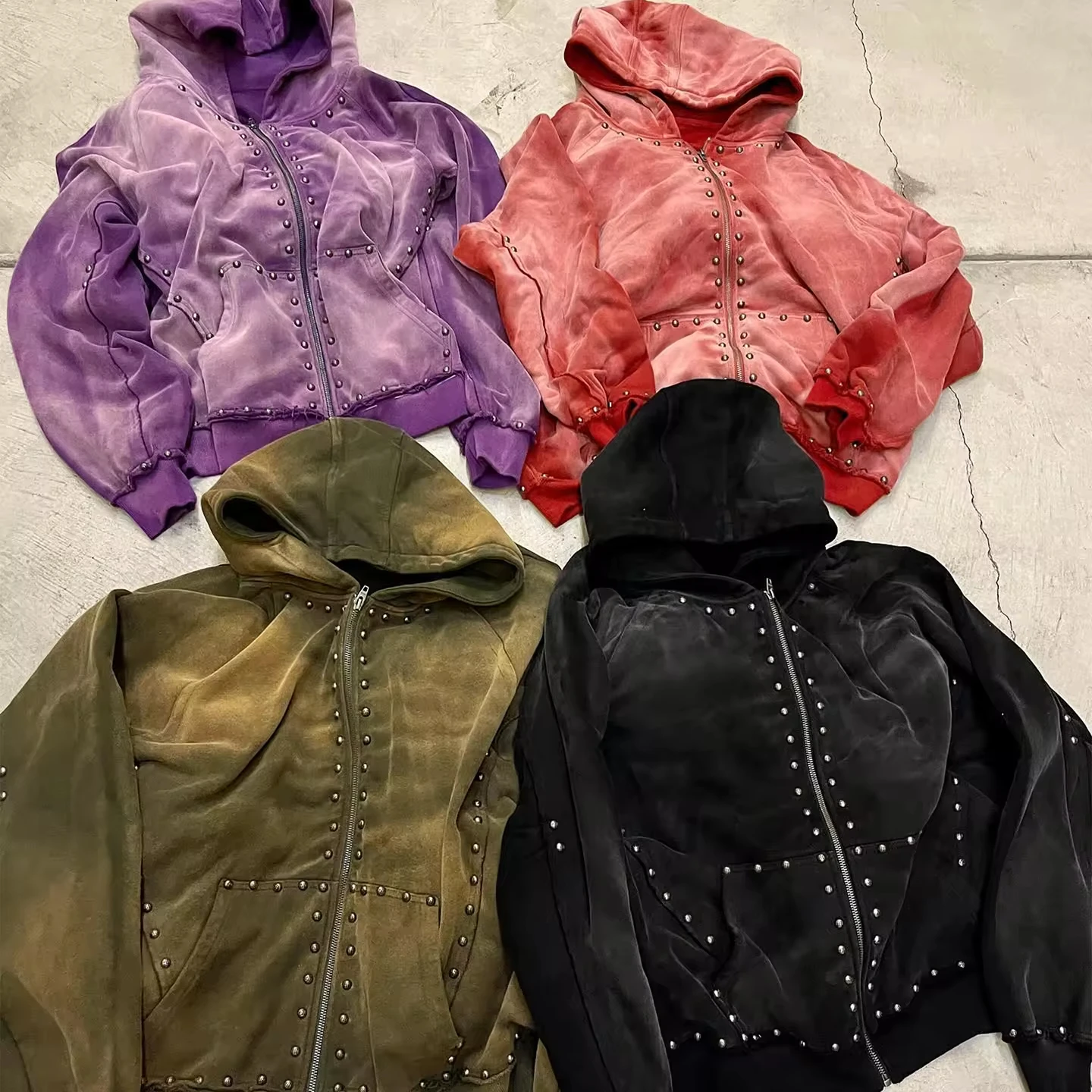 High Quality Heavyweight 480Gsm Blank Plain Acid Washed Sun Faded Studded Rivet Rhinestone Zip Up Hoodie