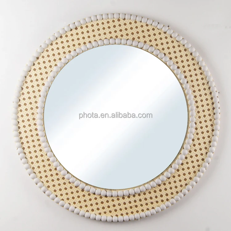 Wooden rattan mirror frame with wood beads decoration