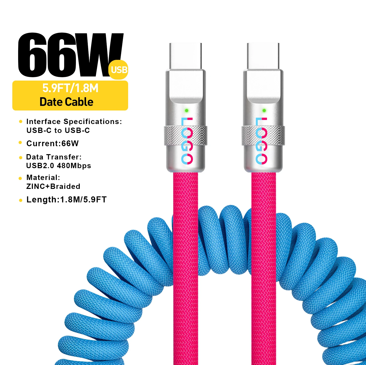 1.8M 5.9FT Super 6A PD66W Car Phone USB Type C to Type C Data Fast Charging Telescopic Cabale for iPhone 16 Pro Max Samsung