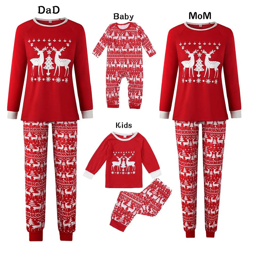 Merry Christmas Home Elk Red Plaid Long Sleeve Family Pajamas Set