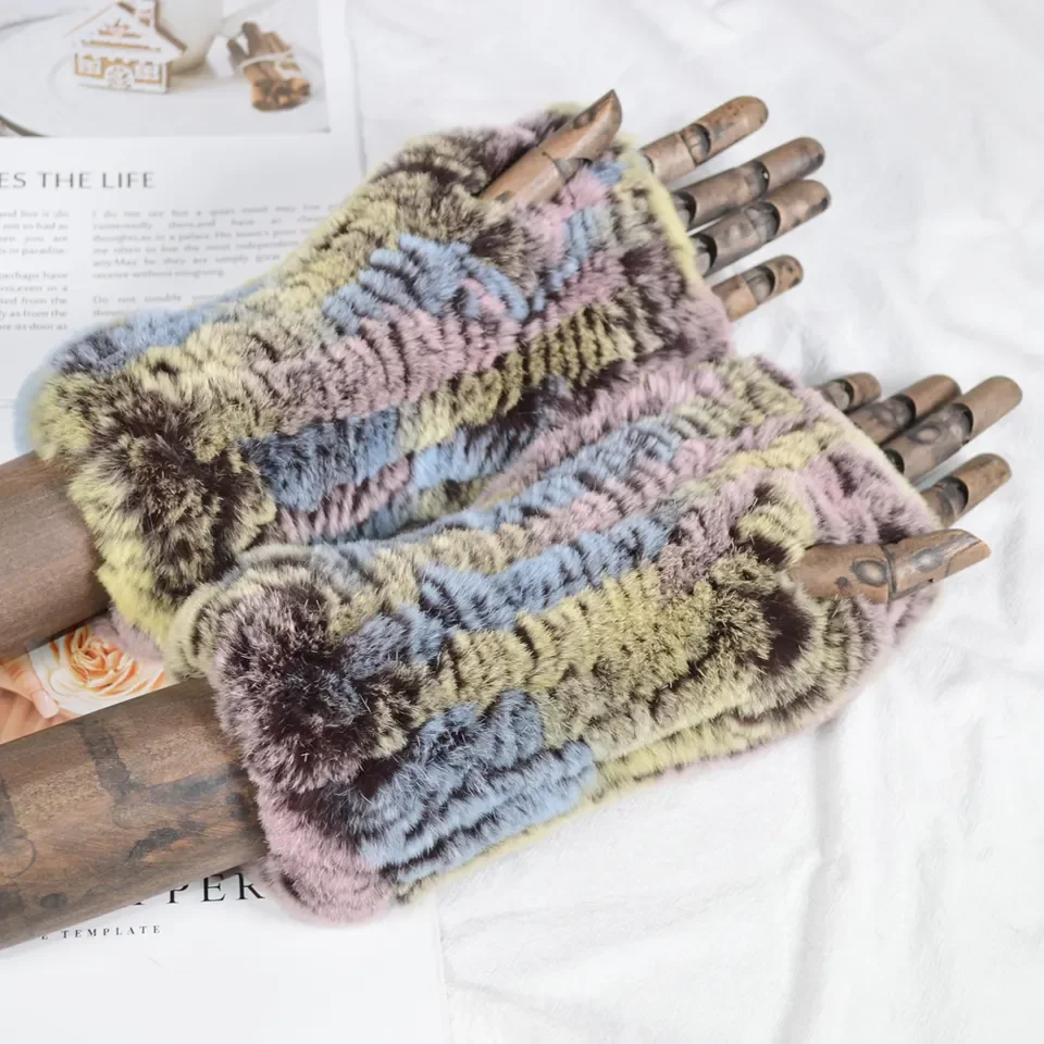 MWFur Fashion Elastic Hand Knitted Winter Warm Girl Fingerless Gloves Rex Rabbit Fur Gloves Mittens For Lady Girls