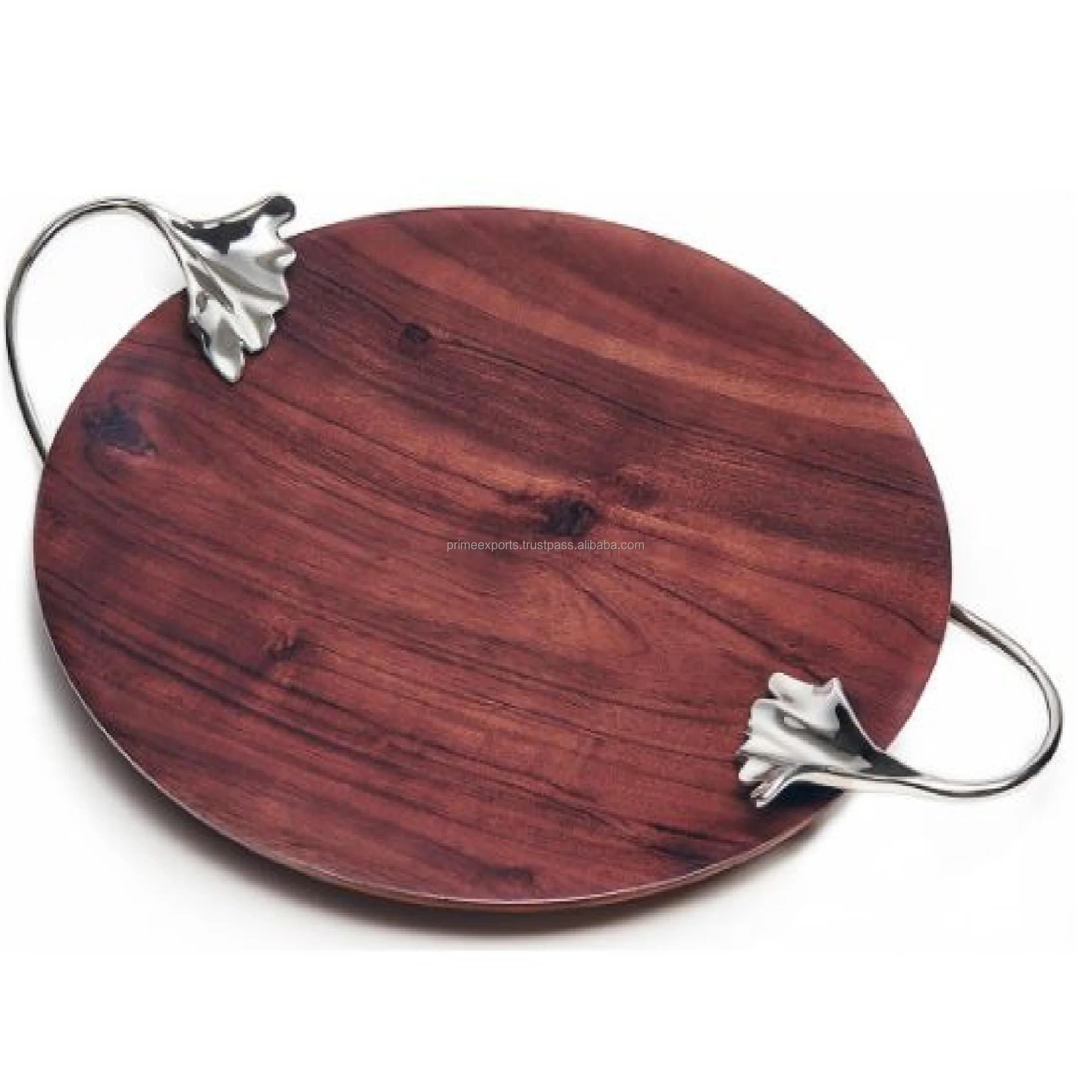 Round European style wooden tray with sliver metal leaf handle top selling Arabic and Turkish modern look wooden serving trays