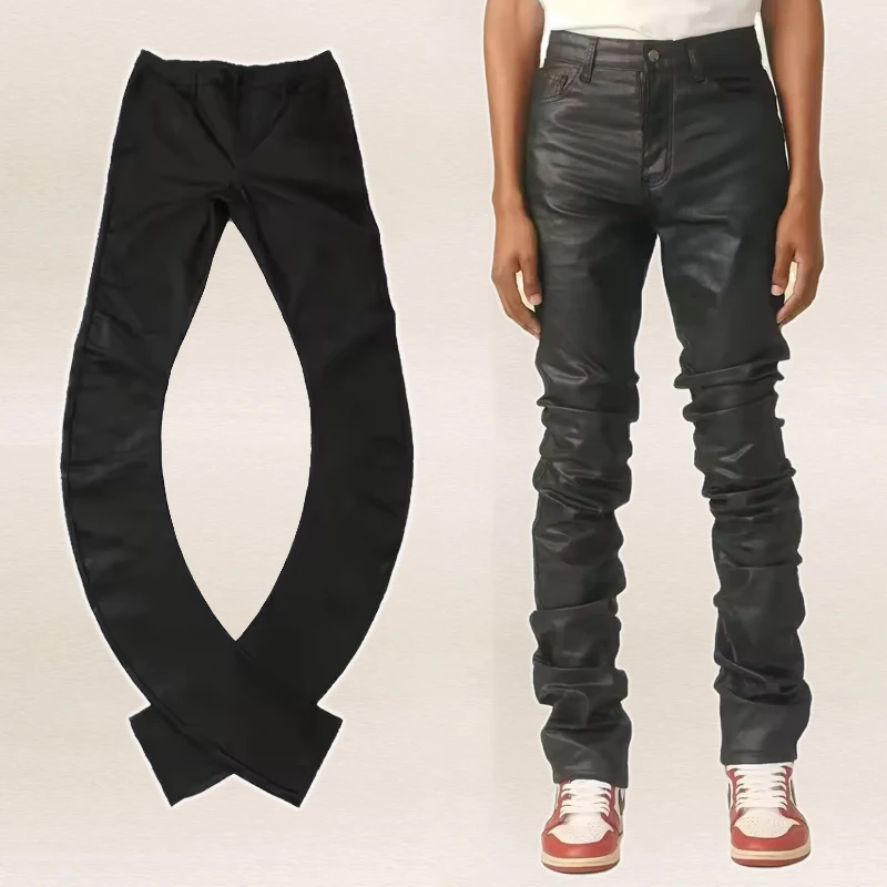 HEZ Custom design black waxed pants skinny stacked denim coated waxing streetwear denim jeans men