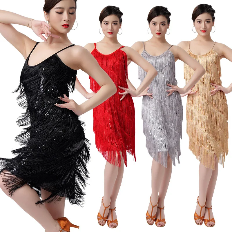 Tassels Dance Dress Sequin Fringed Skirt V-neck Dress Latin Ball Dance Performance Clothes Stage Show Competition Clothes