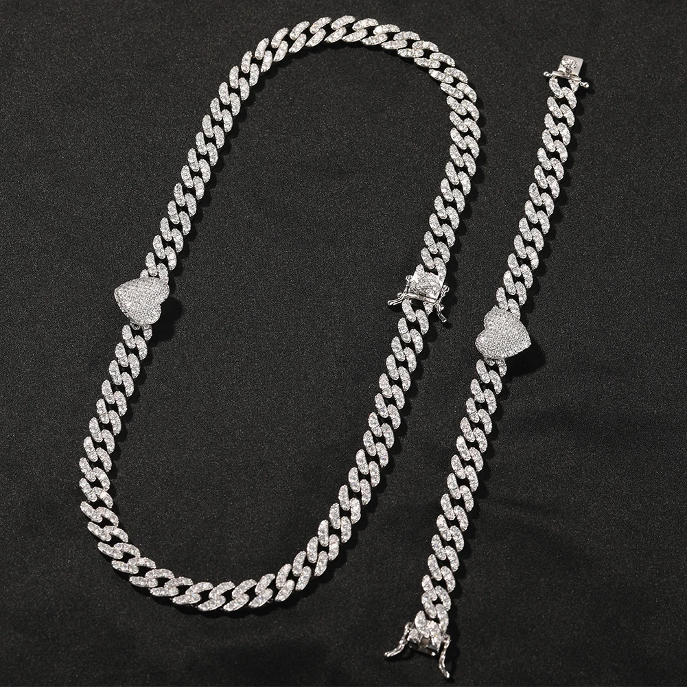 New Fashion 9mm Heart Cuban High Quality Iced Out Bling Cuban Link Chain Jewelry Set Necklace Bracelet for Women Man