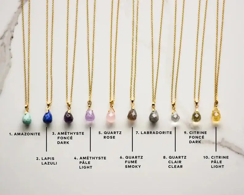 Simple Fashion Natural Stone Powder/Amethyst Pendant Necklace Gold Plated Natural Stone Crystal Necklace Faceted Drop Shape