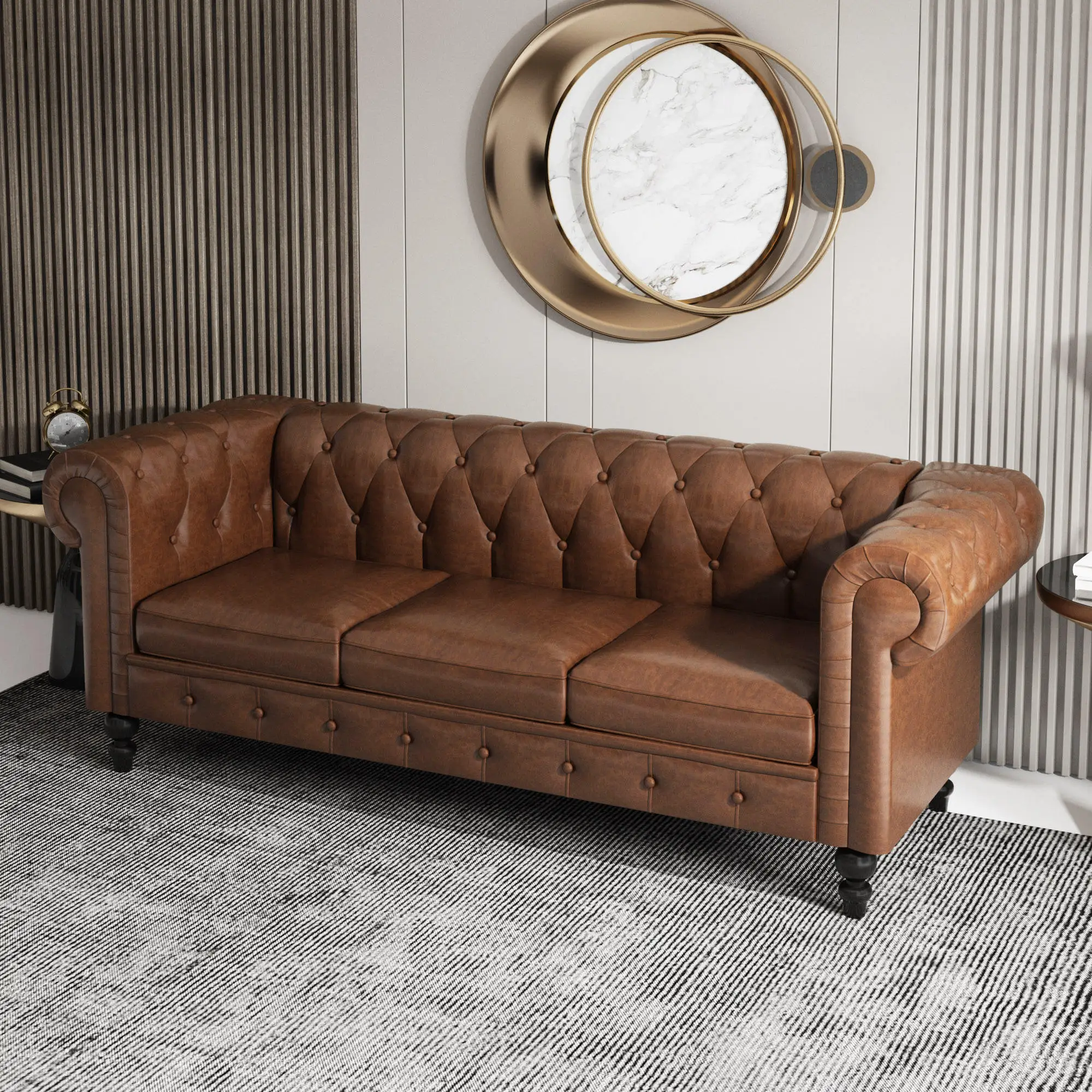 America Vintage Style Chesterfield Sofa 3 Seater Loveseat Sofas Set Tan Leather Couch
