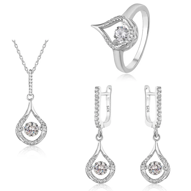 GuangZhou Jewelry Factory 925 Silver Tear Drop shape Jewelry Set Dancing CZ Stone Wedding Set