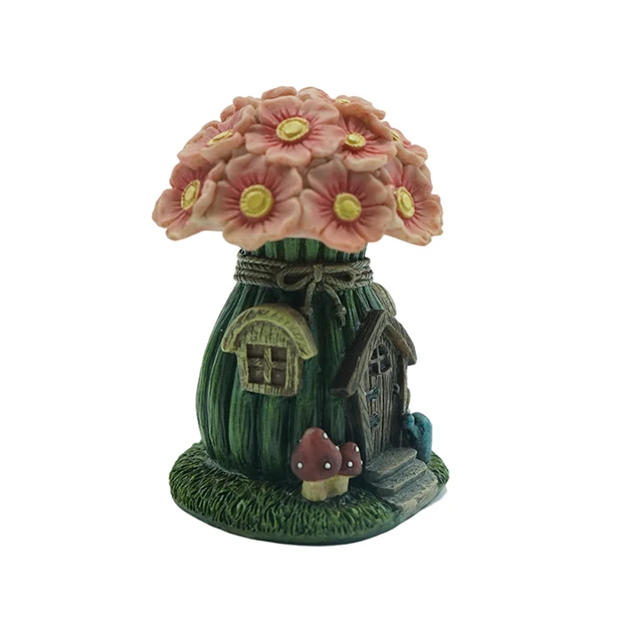 Fairy Garden House with Pink Floral Roof and Solar LED Light