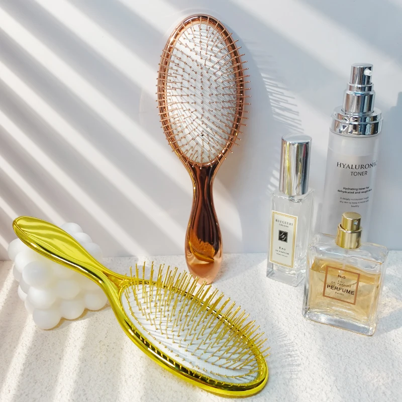 New Design Metal Pins Bristle Wig Brush Round Paddle Detangling Electroplating Hair Brush Curved Metal Pins Hair Brush