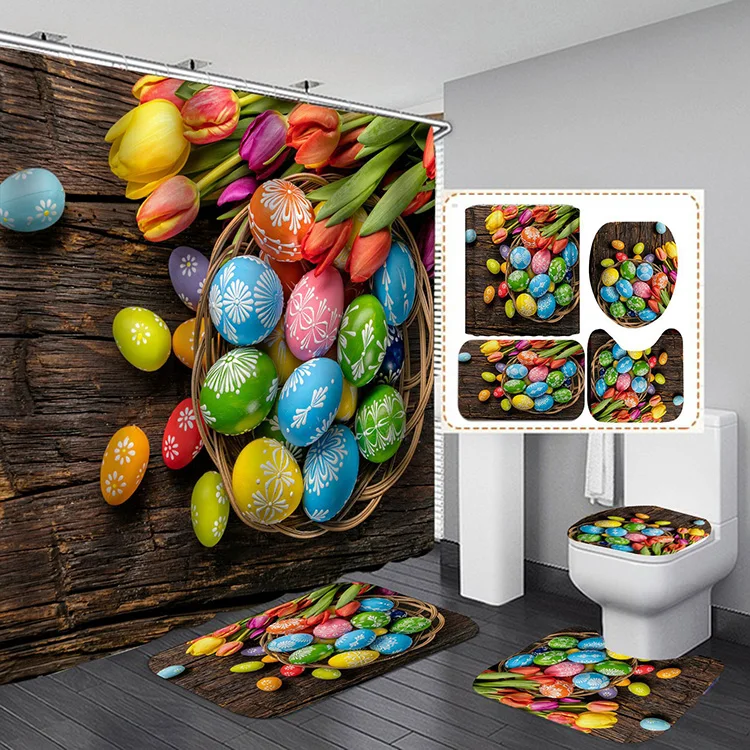 Spring Custom Cartoon Happy Easter Bunny Colorful Eggs Waterproof Shower Curtain Set with 12 Hooks