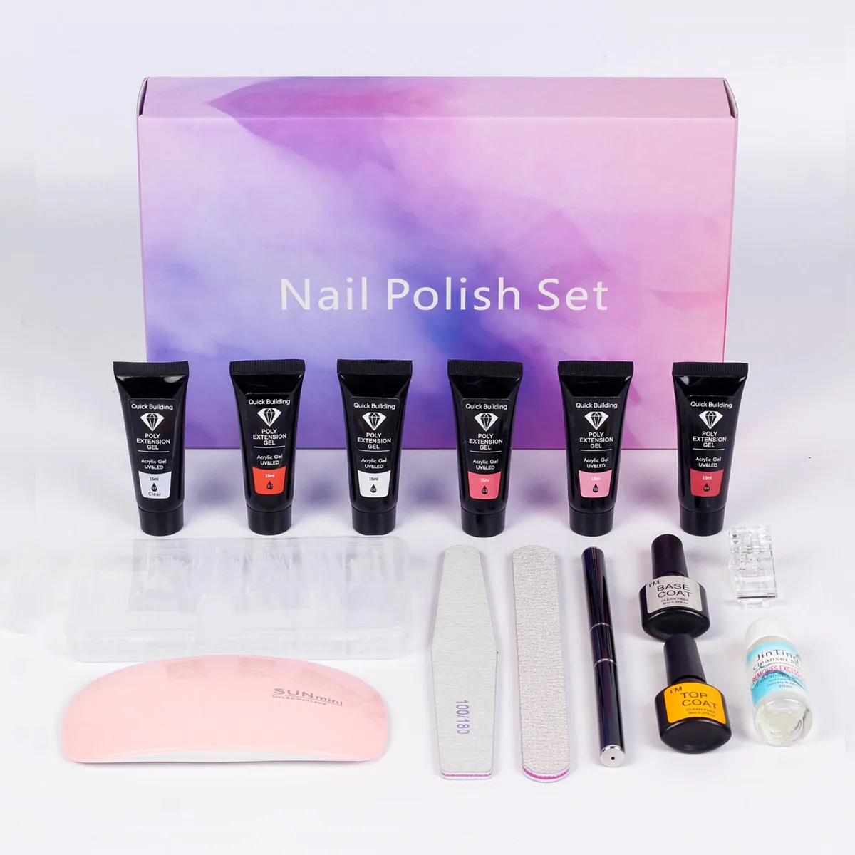 MEETNAIL 6 color poly nail gel kit with uv lamp private label professional soak off base top coat acrylic nail set