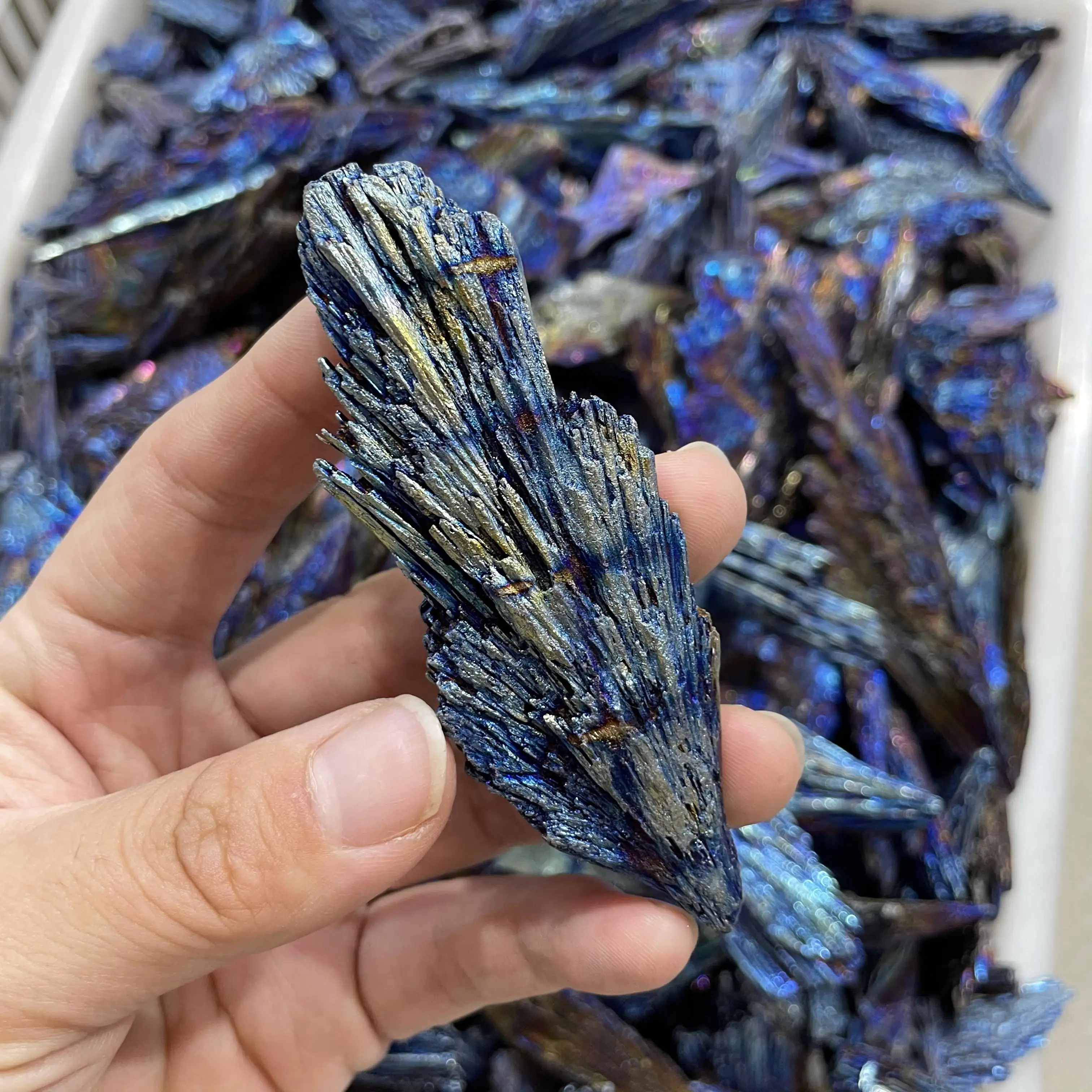 Wholesale natural blue electroplated black tourmaline peacock feather rough stones angel aura minerial stones